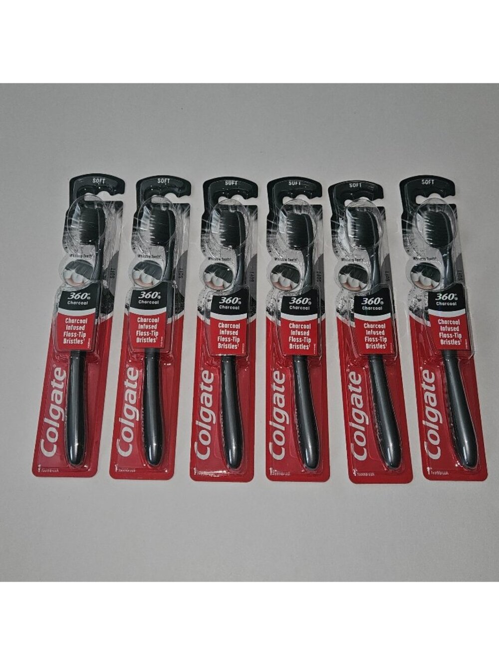 NEW 6 Colgate Toothbrush Lot Soft 360 Charcoal Infused Floss Tip Bristles